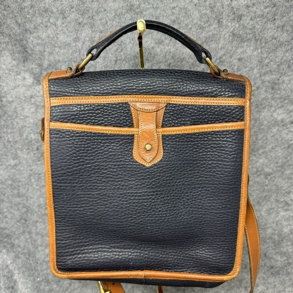 Vtg Dooney & Bourke AWL Surrey Crossbody Bag 90s Leather Square Blue Tan Saddle - Picture 2 of 16